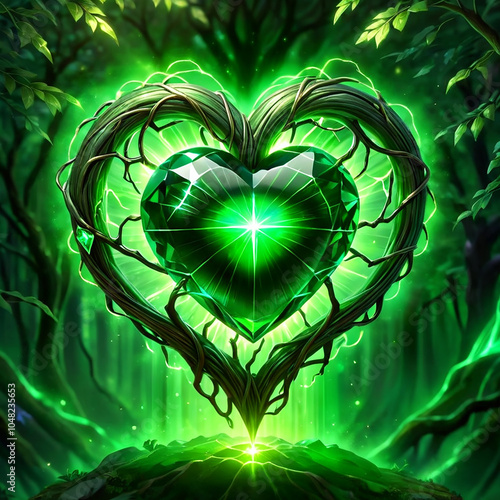 A large, emeraldgreen heartshaped gem is nestled in a twisted formation of vines. It glows brightly, illuminating the surrounding forest with a magical green light. photo