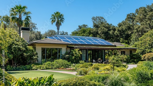 A modern home with solar panels on the roof, surrounded by lush greenery and palm trees.