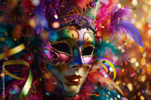 A vibrant representation of celebration, showcasing a Mardi Gras mask decorated with lively feathers and glittering sequins, set against a backdrop of swirling ribbons and confetti.