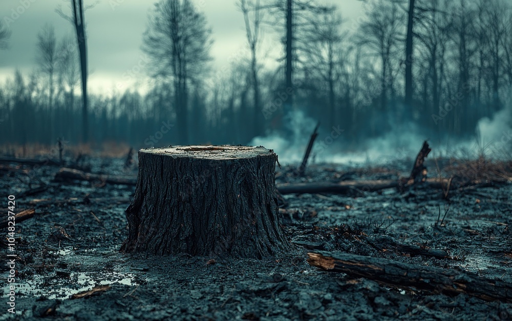 Tree stump in the aftermath of a forest fire. Symbol of loss, devastation, and the fragility of nature. Tree stump in the aftermath of a forest fire. Symbol of loss, devastation, and the fragility of nature.