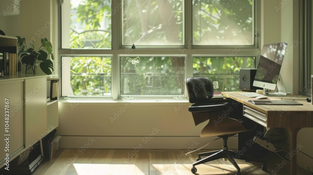 Fototapeta premium Modern Office Space with a Window View and a Black Leather Office Chair