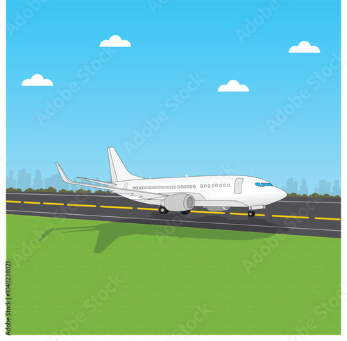 Airplane taking off from the runway with clouds in the background