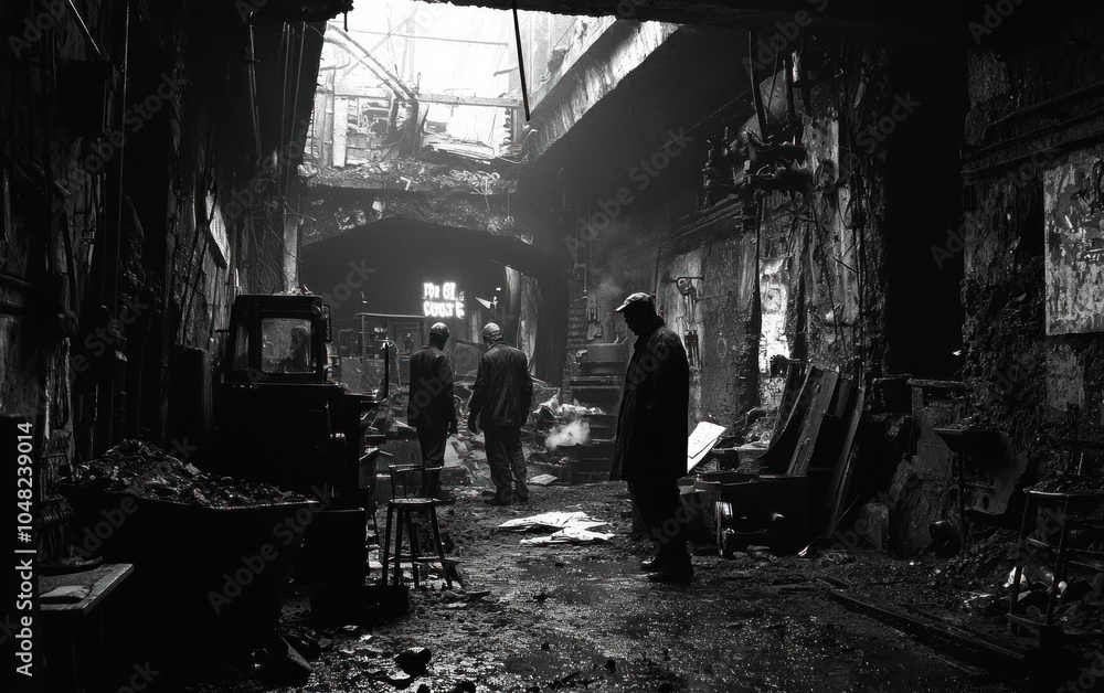 Post war destruction, An alleyway of debris with two figures walking Post war destruction, An alleyway of debris with two figures walking