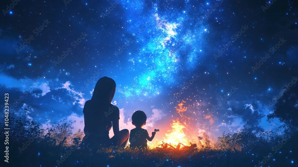 A silhouette of a woman and child by a campfire under a starry night sky. A silhouette of a woman and child by a campfire under a starry night sky.