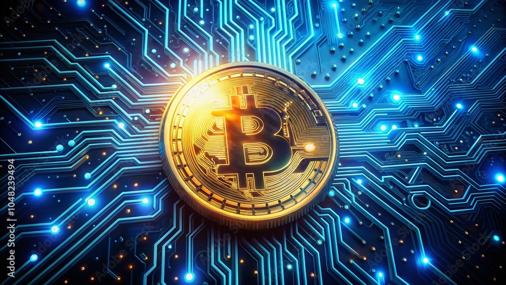 Luminescent Bitcoin on Circuit Board - Cryptocurrency Technology Visuals for Digital Innovation Luminescent Bitcoin on Circuit Board - Cryptocurrency Technology Visuals for Digital Innovation