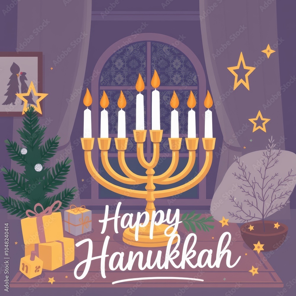 Jewish religious holiday Hanukkah with holiday Hanukkah (traditional candelabra). With an inscription Happy Hanukkah
Jewish religious holiday Hanukkah with holiday Hanukkah (traditional candelabra). With an inscription Happy Hanukkah