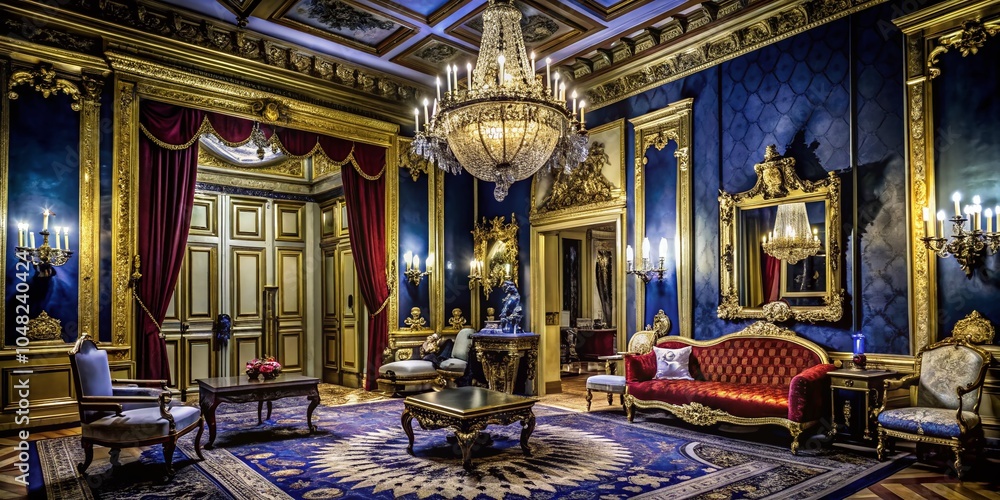 Obraz premium Luxurious Classical Interior Photography: Elegance in Red and Gold in a Vintage Palatial Room