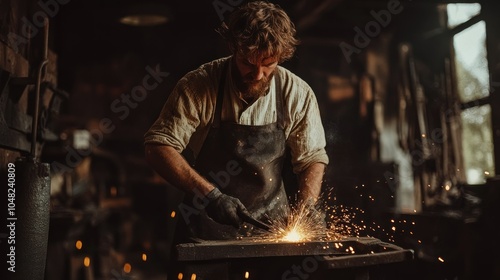 A Blacksmith Working with Sparks Flying from His Anvil