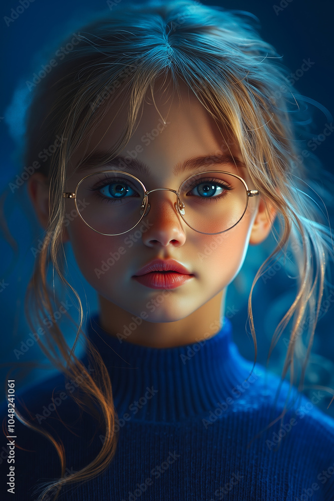 A young girl with blonde hair and blue eyes wearing glasses and a blue sweater A young girl with blonde hair and blue eyes wearing glasses and a blue sweater