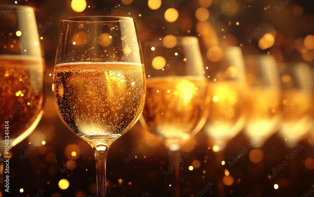A collection of elegant champagne glasses filled with sparkling golden liquid, set against a shimmering background. Perfect for celebrations and festive occasions. A collection of elegant champagne glasses filled with sparkling golden liquid, set against a shimmering background. Perfect for celebrations and festive occasions.