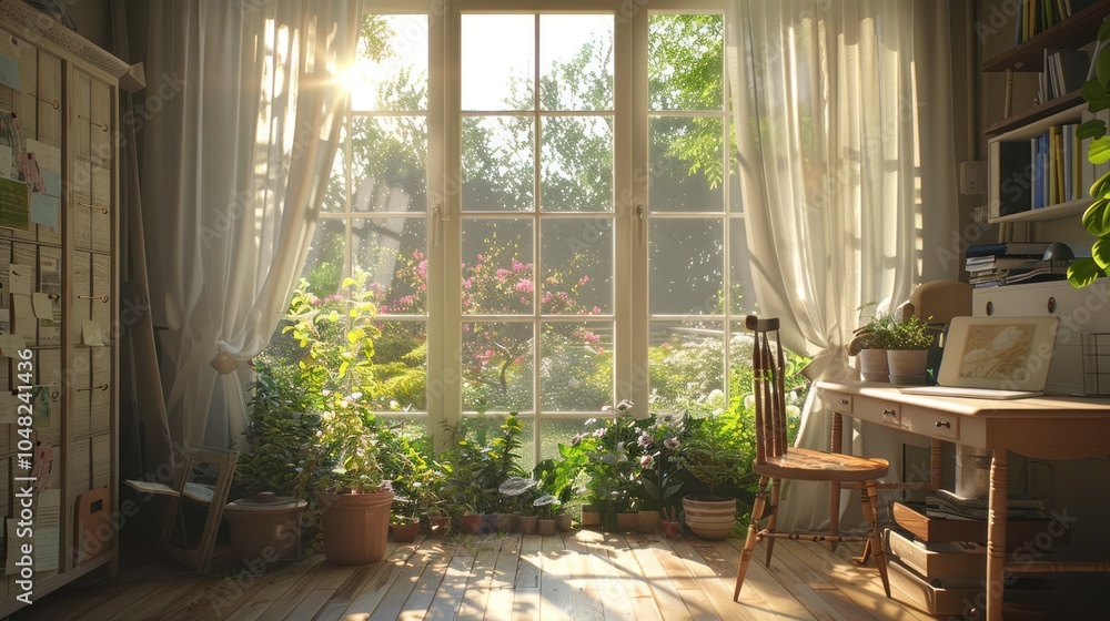 Fototapeta premium Sunlit Room with Window View, Plants, and a Desk