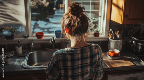 A woman washes dishes in her kitchen, looking out the window.