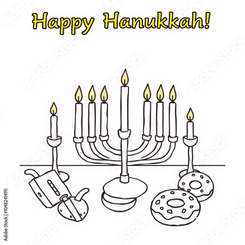  Jewish religious holiday Hanukkah with holiday Hanukkah (traditional candelabra). With an inscription Happy Hanukkah
