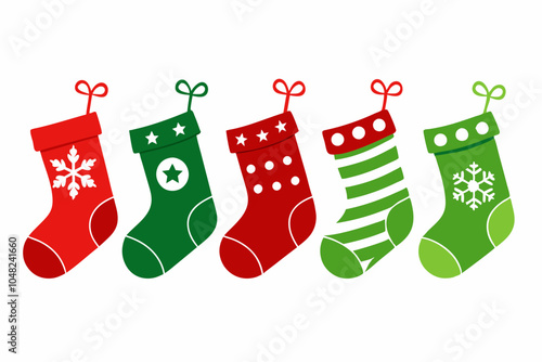 Set of christmas sock. Christmas stockings red green colors. Hanging holiday decorations for gifts. Vector illustration.