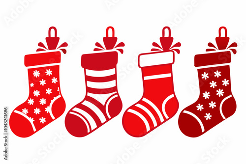 Set of christmas sock. Christmas stockings red green colors. Hanging holiday decorations for gifts. Vector illustration.