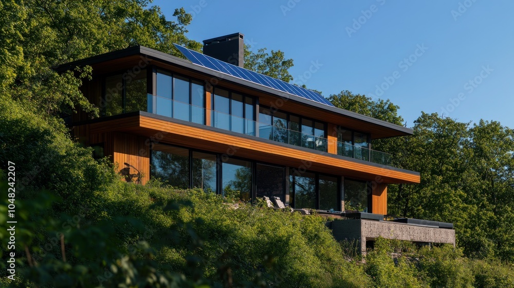 Modern wooden house with solar panels on a hillside Modern wooden house with solar panels on a hillside