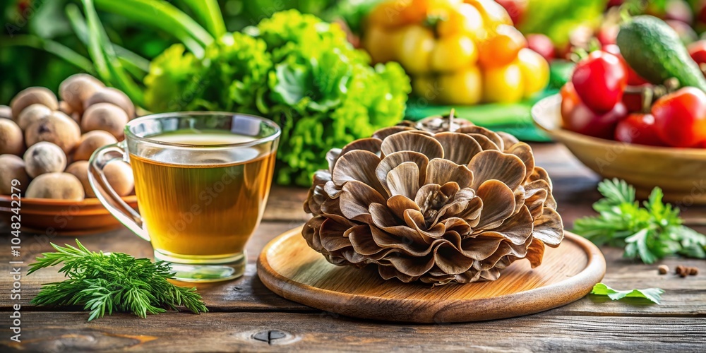 Maitake Mushroom Capsules with Tea and Fresh Vegetables for a Healthy Lifestyle Maitake Mushroom Capsules with Tea and Fresh Vegetables for a Healthy Lifestyle