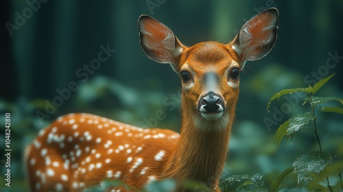 A young deer with white spots stands in a forest, looking directly at the camera.