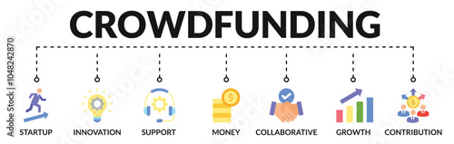Banner of crowdfunding web vector illustration concept with icons of startup, innovation, support, money, collaborative, growth, contribution
