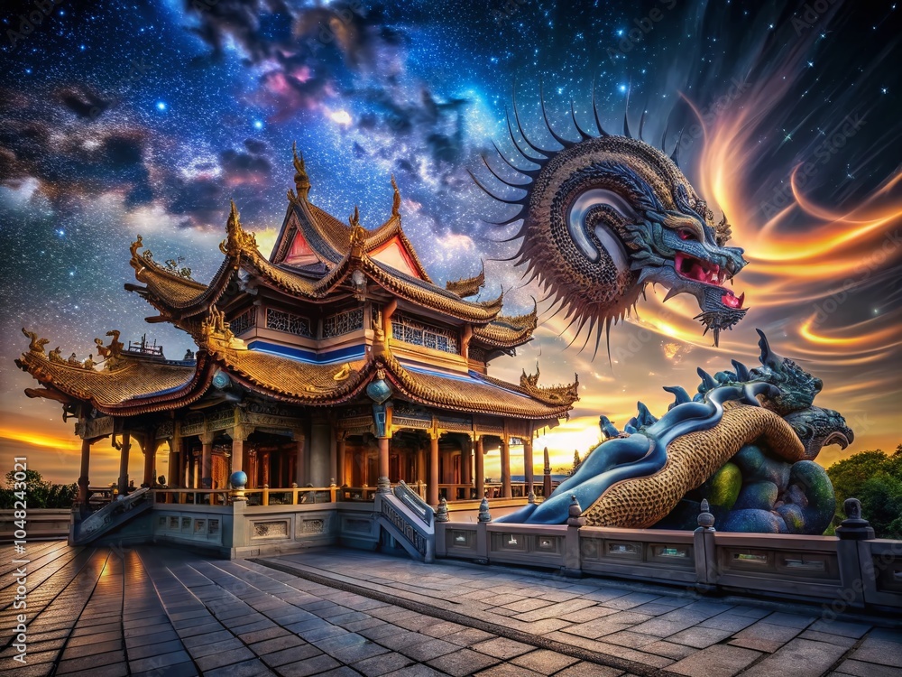 Fototapeta premium Majestic Long Exposure of an Asian Temple with a Serpentine Dragon Under a Starry Night Sky