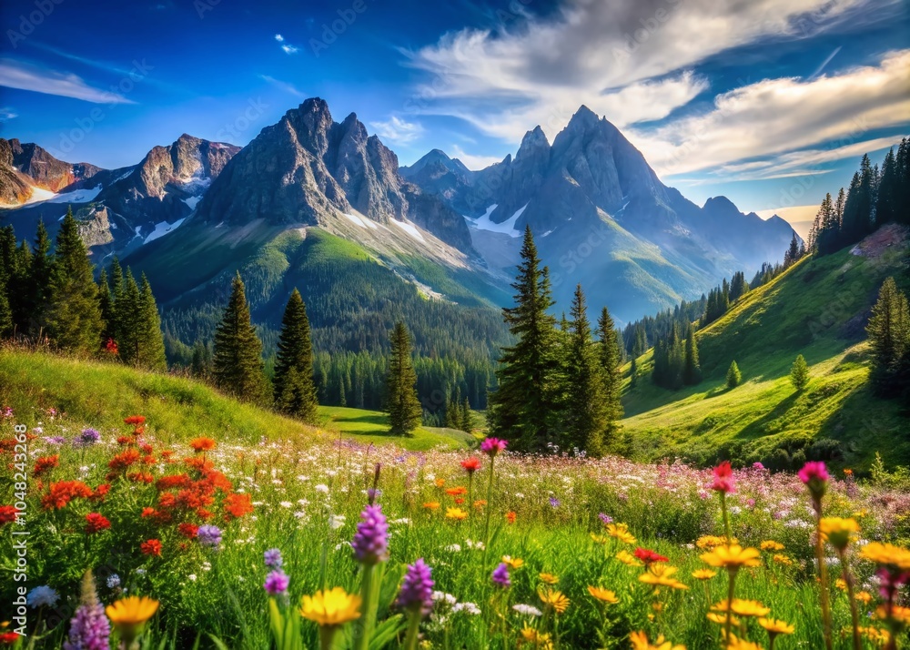 Naklejka premium Majestic Mountain Landscape with Vibrant Colors and High Depth of Field for Nature Lovers