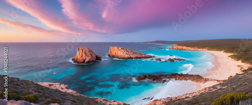 A serene and dramatic coastal landscape of Cape Naturaliste, Western Australia, at sunset, with rugged limestone cliffs, turquoise waters, and a lone figure walking along the windswept shoreline. photo