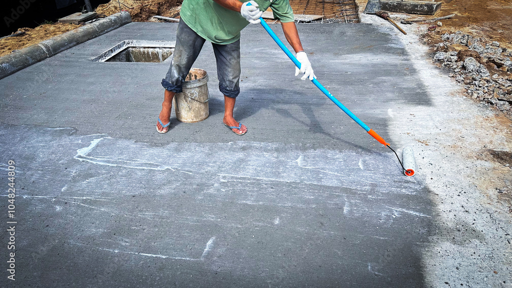 Fotografia Technician applies concrete curing agent to prevent cracking