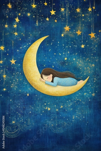 Wallpaper Mural A serene illustration of a girl sleeping on a crescent moon surrounded by stars. Torontodigital.ca