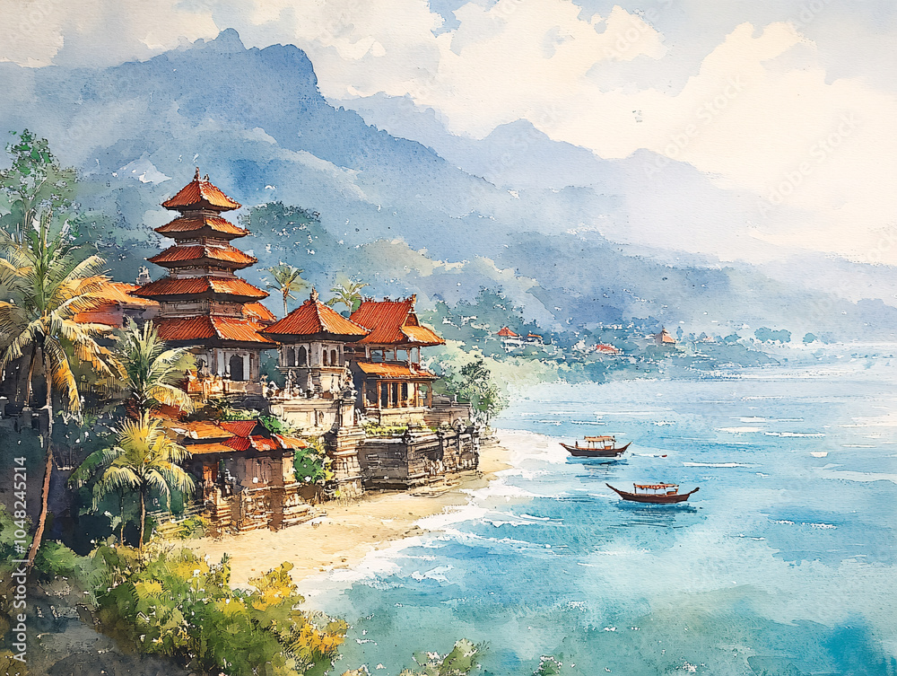 Obraz premium tropical Bali beach scene with a line of traditional Balinese houses, boats, and a calm sea under a mountain backdrop.