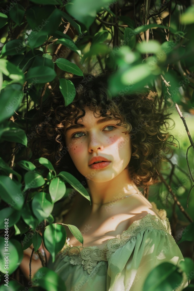 Enchanting Portrait of a Young Woman with Curly Hair Surrounded by Lush Greenery, Bathed in Soft Sunlight, Exuding a Natural, Ethereal Beauty. Enchanting Portrait of a Young Woman with Curly Hair Surrounded by Lush Greenery, Bathed in Soft Sunlight, Exuding a Natural, Ethereal Beauty.