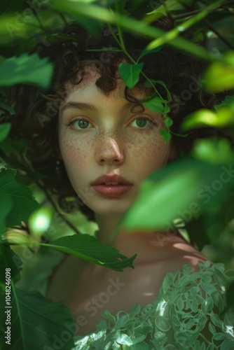 Enchanting Young Woman with Curly Hair Surrounded by Lush Green Leaves, Capturing Natural Beauty and Serenity in a Sunlit Forest Setting