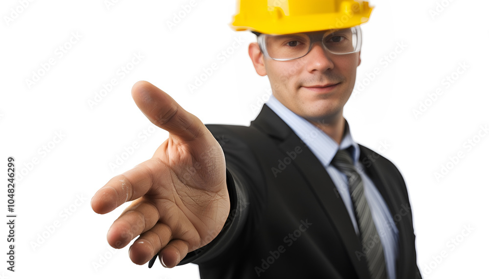 Architect in hard hat with draft greeting someone on white background Architect in hard hat with draft greeting someone on white background