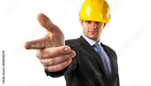 Architect in hard hat with draft greeting someone on white background