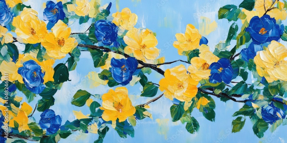 Yellow and blue flowers on a branch. Yellow and blue flowers on a branch.