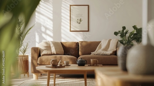 Interior design of stylish and elegant room with brown sofa, boucle armchair, wooden coffee tables, teapot, mock-up poster frame, decorations, and personal accessories. Warm home decor. Template