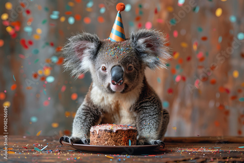 Festive Koala Celebrating Birthday with Colorful Party Hat and Cake Surrounded by Confetti, Perfect for Fun and Joyful Wildlife Themes photo