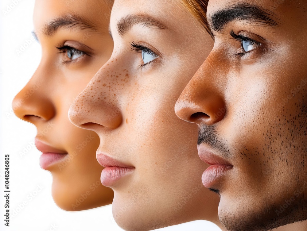 A man and a woman's face with different skin tones A man and a woman's face with different skin tones
