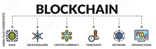 Banner of blockchain web vector illustration concept with icons of data, decentralized, crypto currency, timestamp, network, transactions
