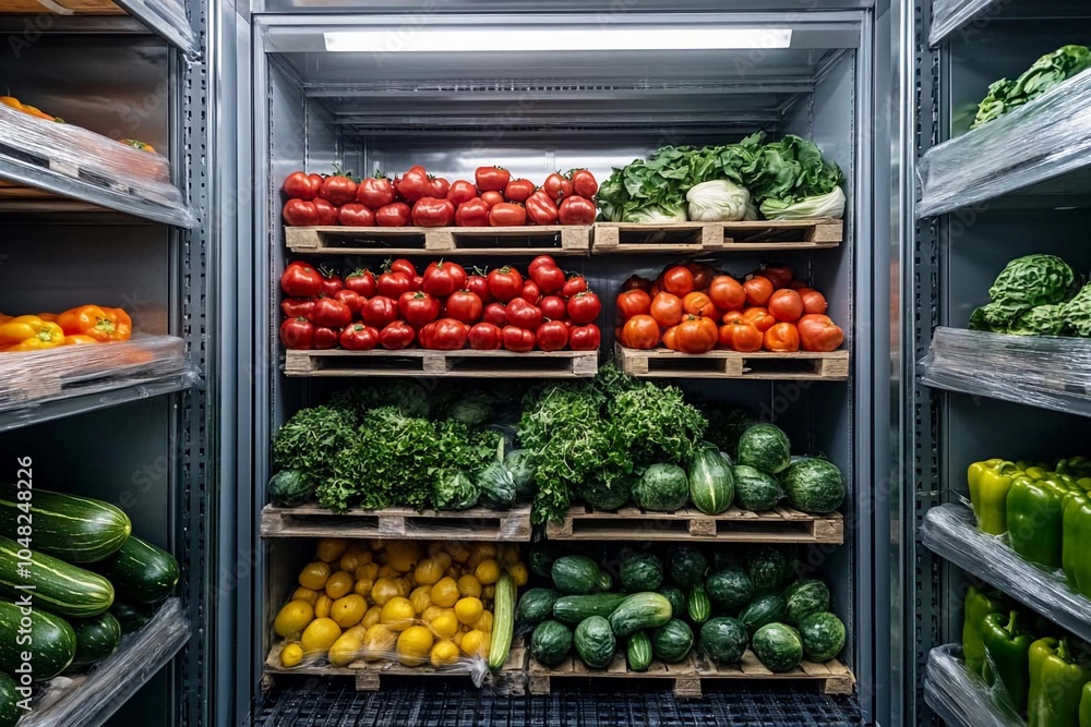 Vibrant produce display in a grocery store refrigerator showcasing fresh vegetables and fruits ready for customers' selection. Generative AI Vibrant produce display in a grocery store refrigerator showcasing fresh vegetables and fruits ready for customers' selection. Generative AI