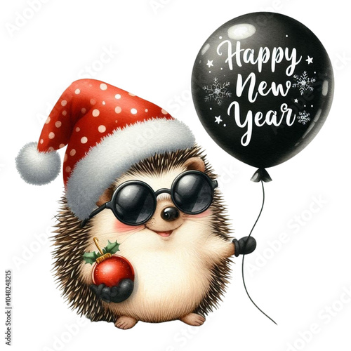 A hedgehog wearing a Santa hat and sunglasses is standing holding a balloon. Clipart Watercolor 