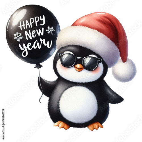 Penguin wearing a Santa hat and sunglasses standing holding a balloon. Clipart Watercolor 