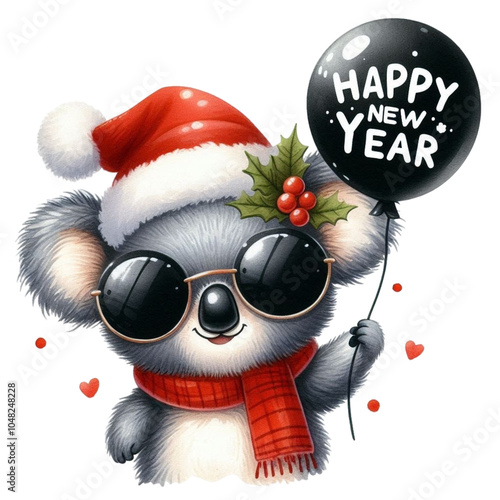 koala wearing a Santa hat and sunglasses is standing holding a balloon. Clipart Watercolor 
