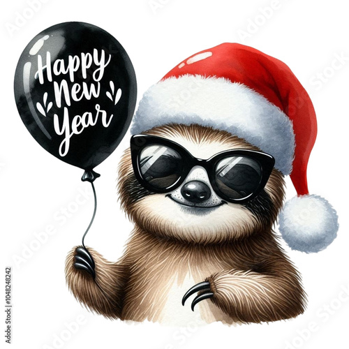 Sloth wearing a Santa hat and sunglasses holding balloons  Clipart Watercolor 