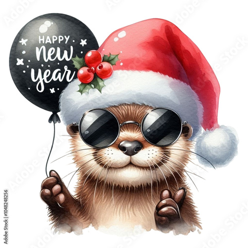 An otter wearing a Santa hat and sunglasses stands holding a balloon.  Clipart Watercolor 