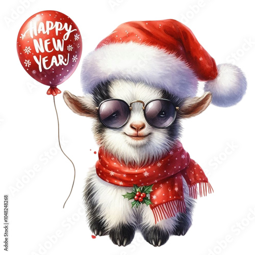 A sheep wearing a Santa hat and sunglasses stands holding a balloon. Clipart Watercolor 
