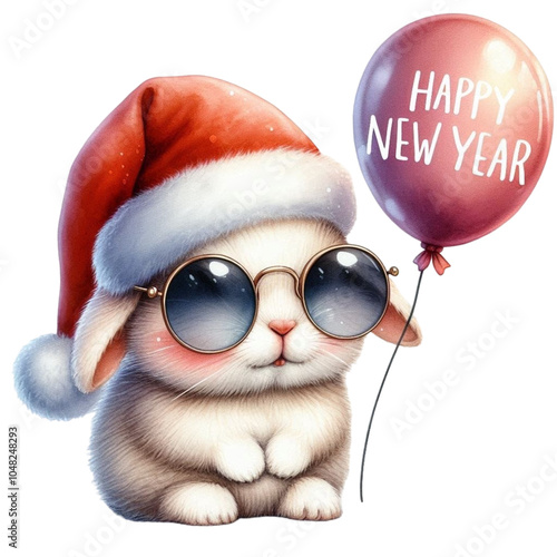 A rabbit wearing a Santa hat and sunglasses stands holding a balloon. Clipart Watercolor 