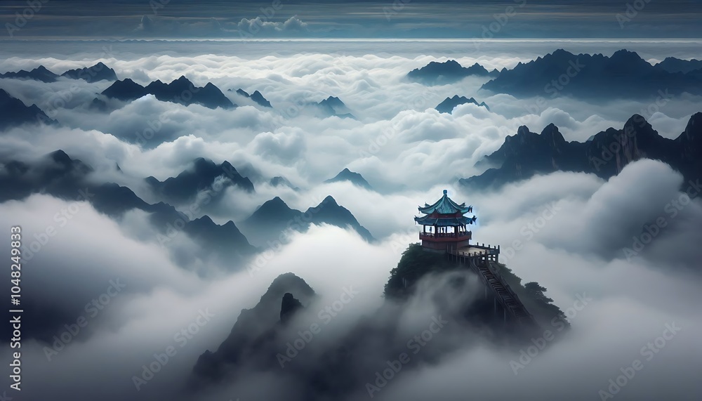 Obraz premium Temple on a Mountain Top with Clouds