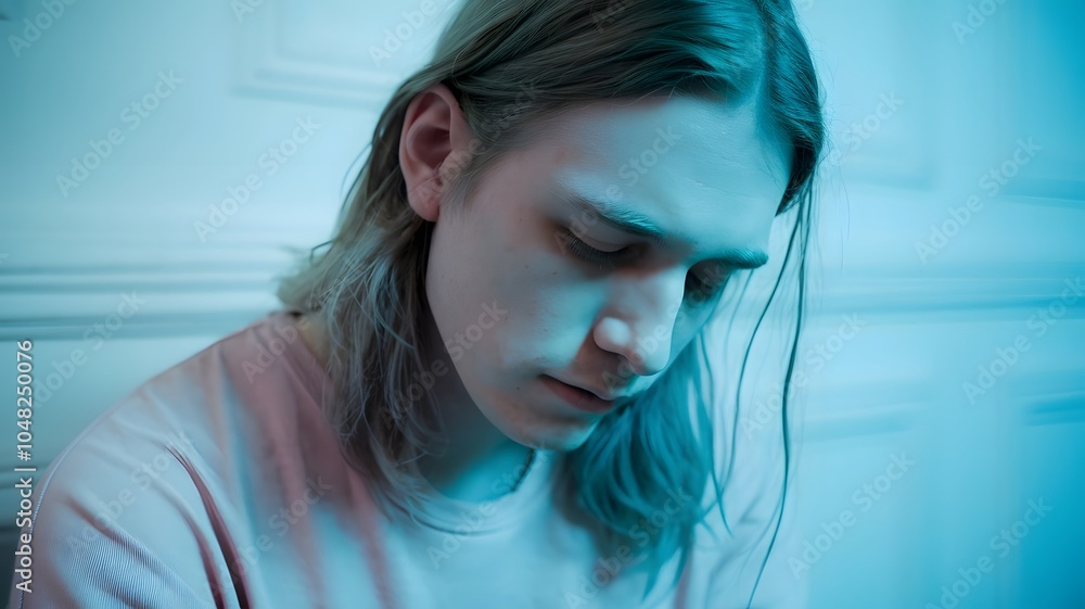 emotional portrait of a person looking down, lost in thought, in pastel colors emotional portrait of a person looking down, lost in thought, in pastel colors