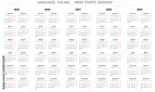 2025, 2026, 2027, 2028, 2029 italian vertical calendars (calendario italiano). Simple editable vector illustration year for Italy