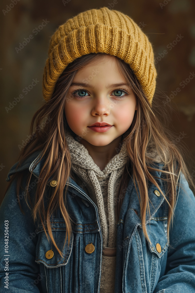 A young girl wearing a yellow knit hat and a blue denim jacket A young girl wearing a yellow knit hat and a blue denim jacket